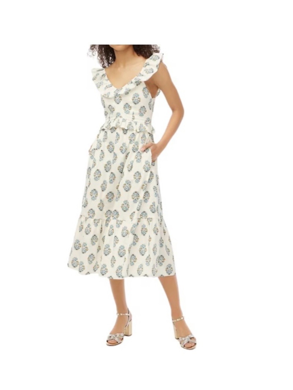 J.CREW Women's Sleeveless Ruffle Trim Floral White Dress Multicolored Size 4 NWT
